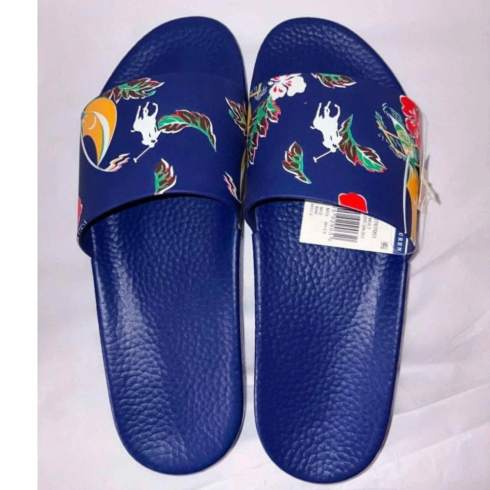 Polo Ralph Lauren Mens 13 Blue Tropical Floral Pony Logo Slides Sandals Sz 13